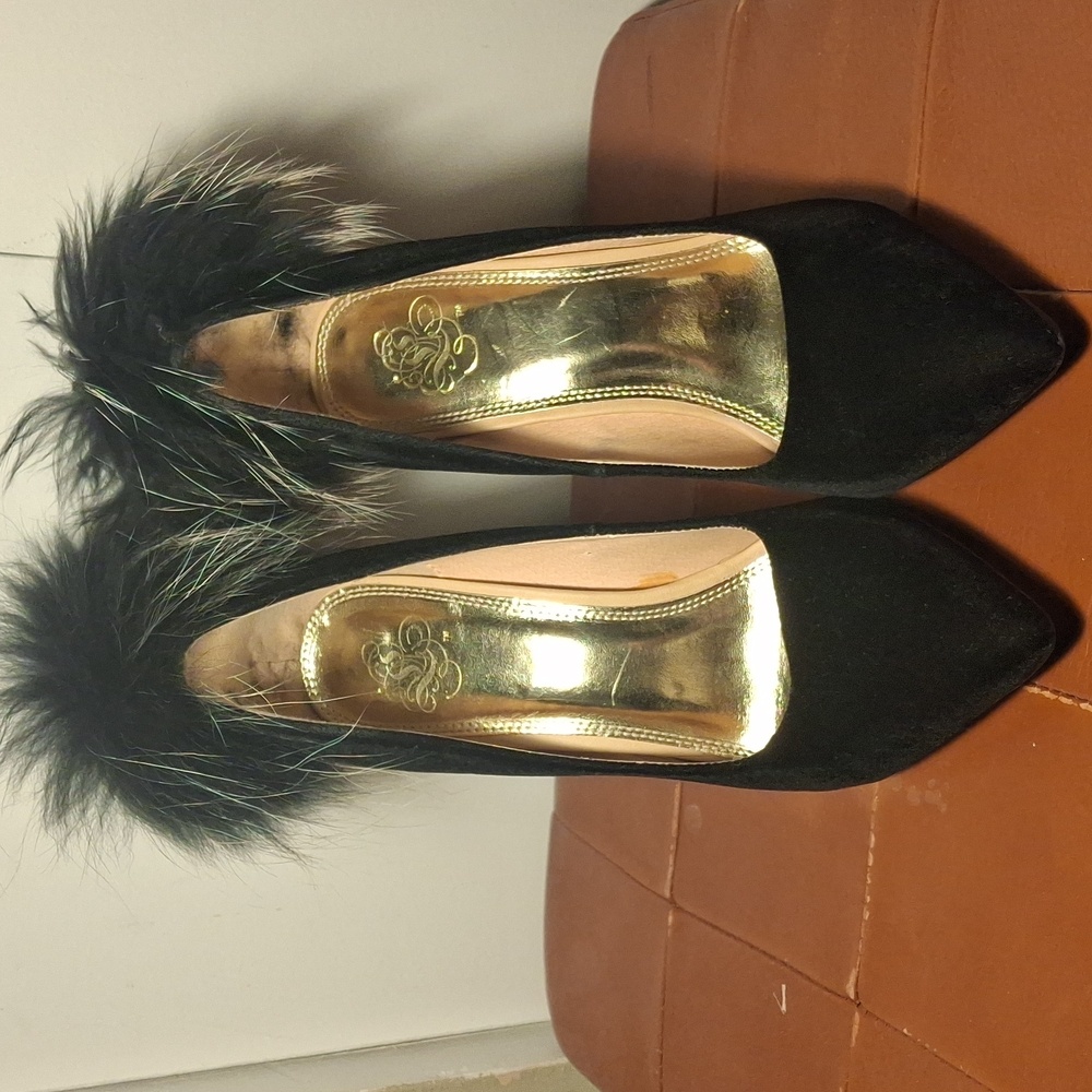 Black Fur-Trim Velvet High Heel Pumps - Women's Elegant Evening Shoes - Picture 4 of 9